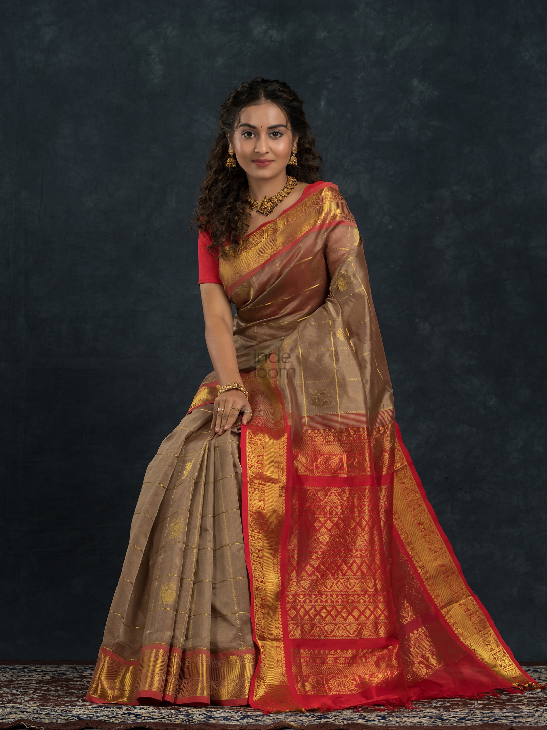 Korvai Saree Mayil-Chakram with Zari Checks Grey and Red Border - 151