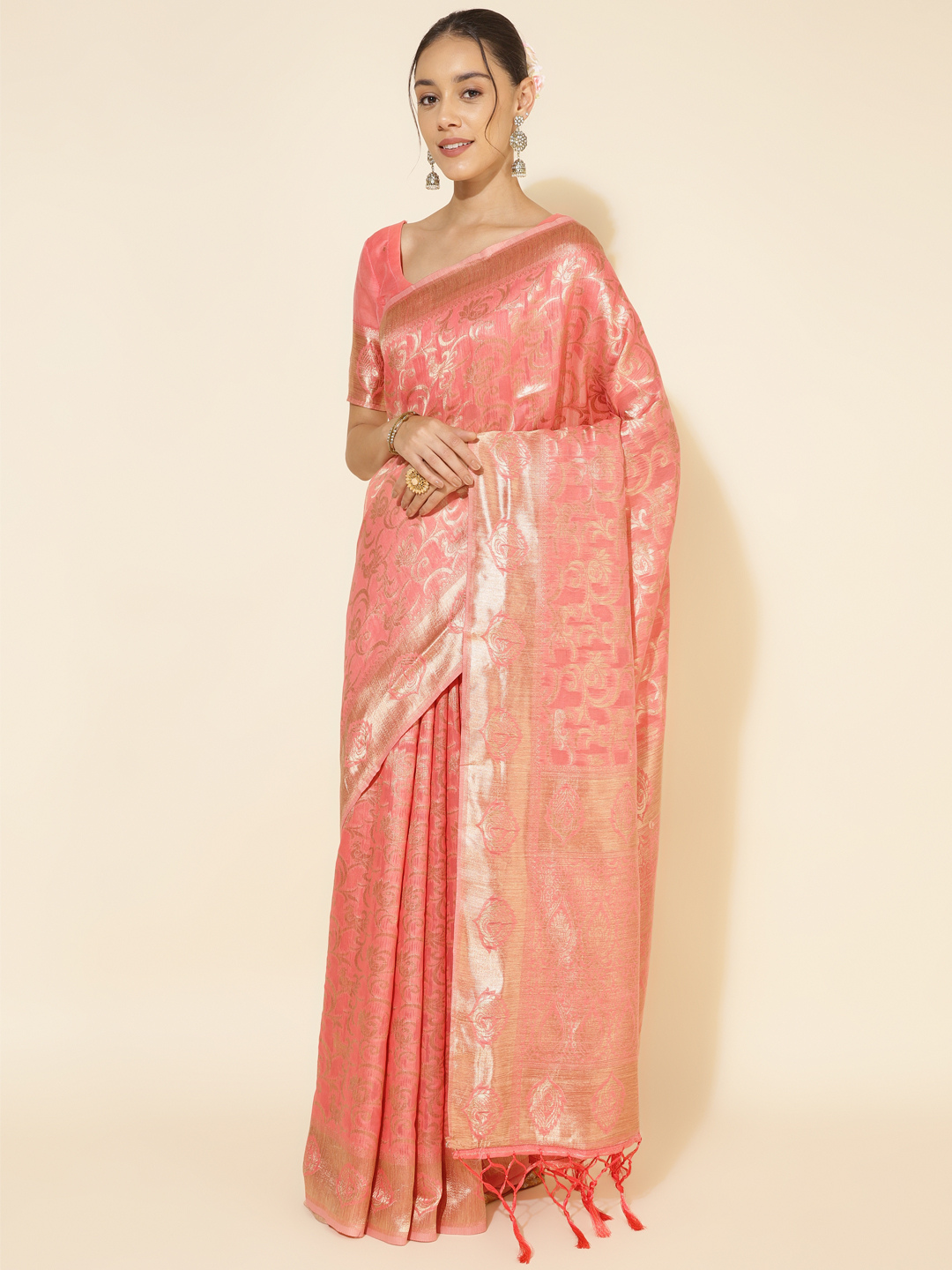 Chanderi Silk Floral Saree in Coral Pink (Precision Looms) -008