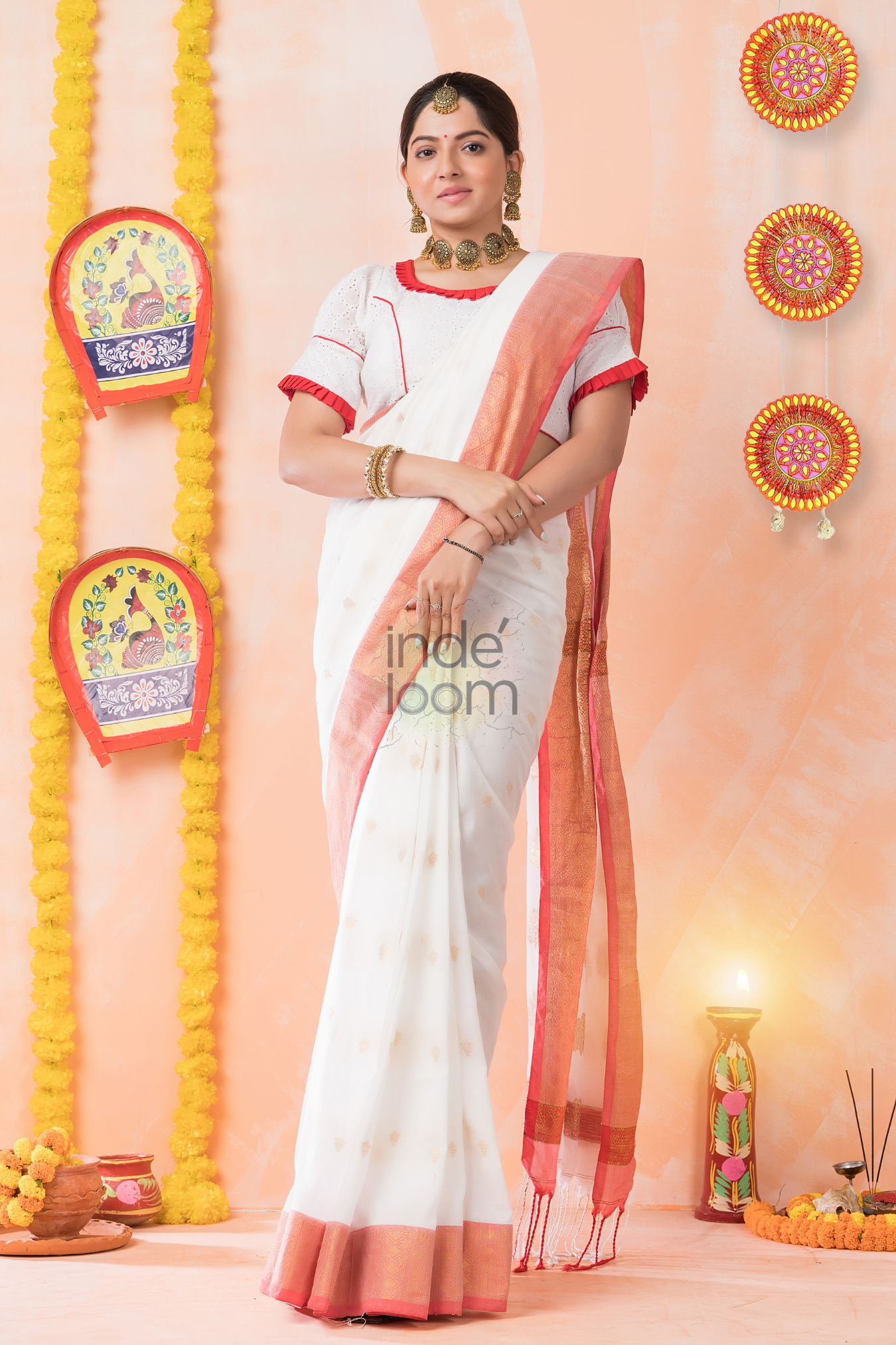 Dewali Saree with Pure White and Red Border-039 - indeloom