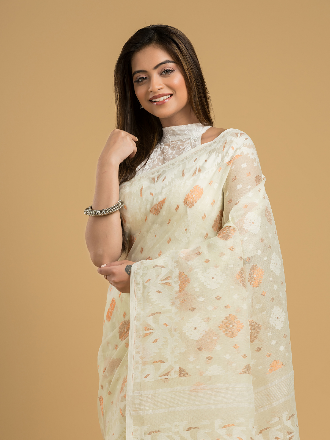 Lace White Cotton Silk Jamdani Saree - 031