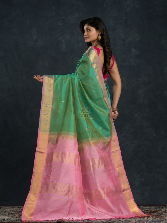 Korvai Saree with small buttas Mint Green and Light Pink Border - 129