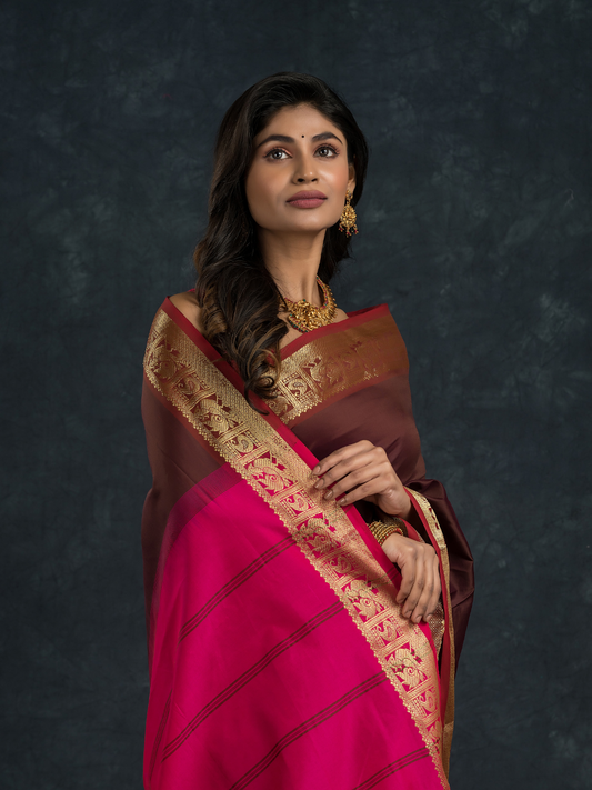 Red Brown Golden Pecock Korvai Saree - 145