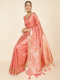 Chanderi Silk Floral Saree in Coral Pink (Precision Looms) -008