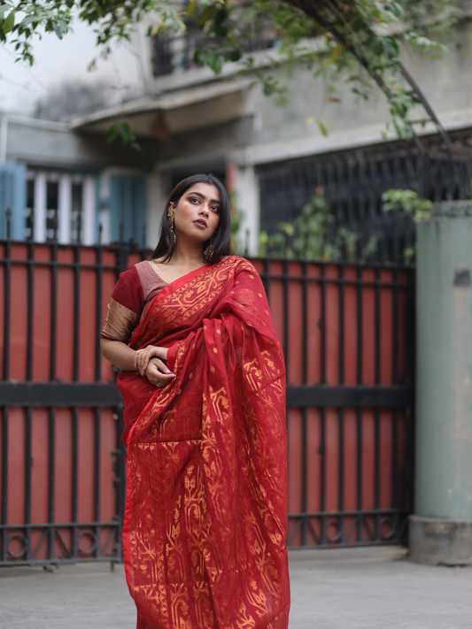 Dark Brown Cotton Silk Jamdani Saree - 004