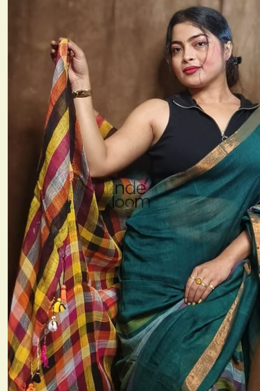 Handloom Linen Checks Saree with Peacock Green-003