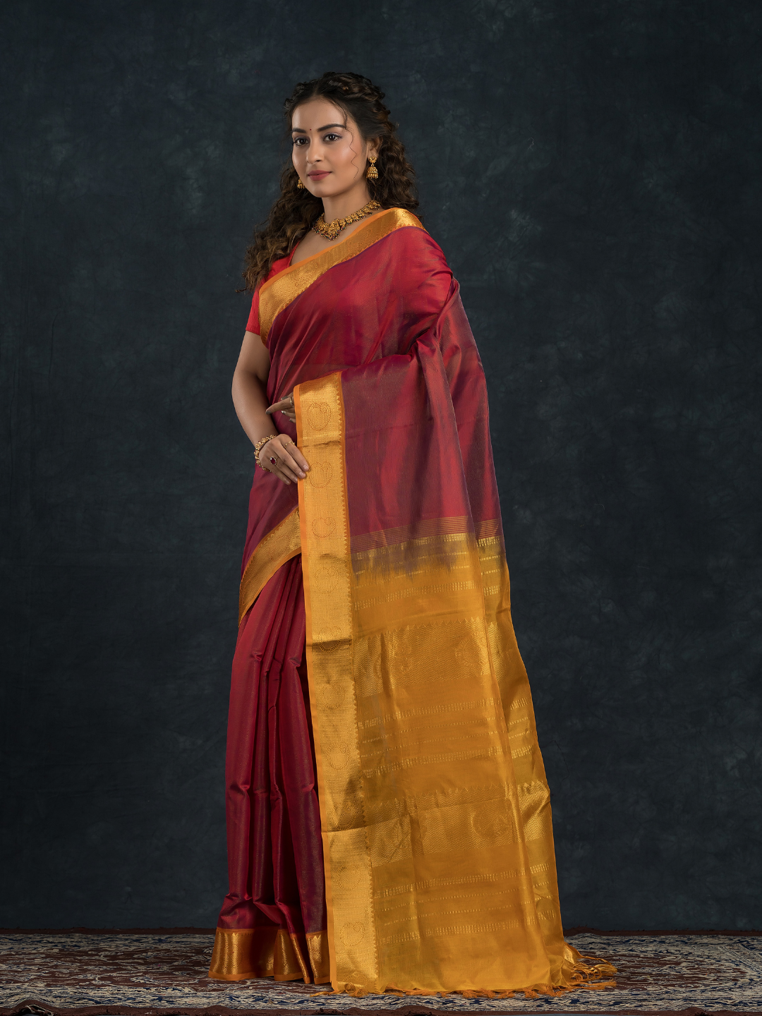 Korvai Saree With Chilli Red and Golden Yellow Border- 023