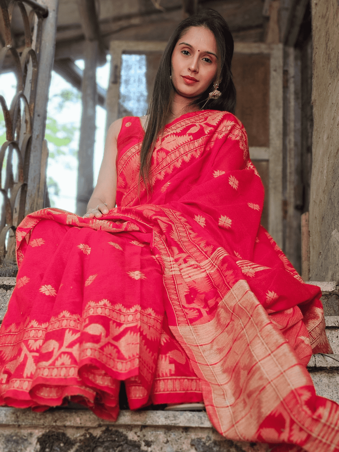 Classic Red Cotton Silk Jamdani Saree - 018 - indeloom