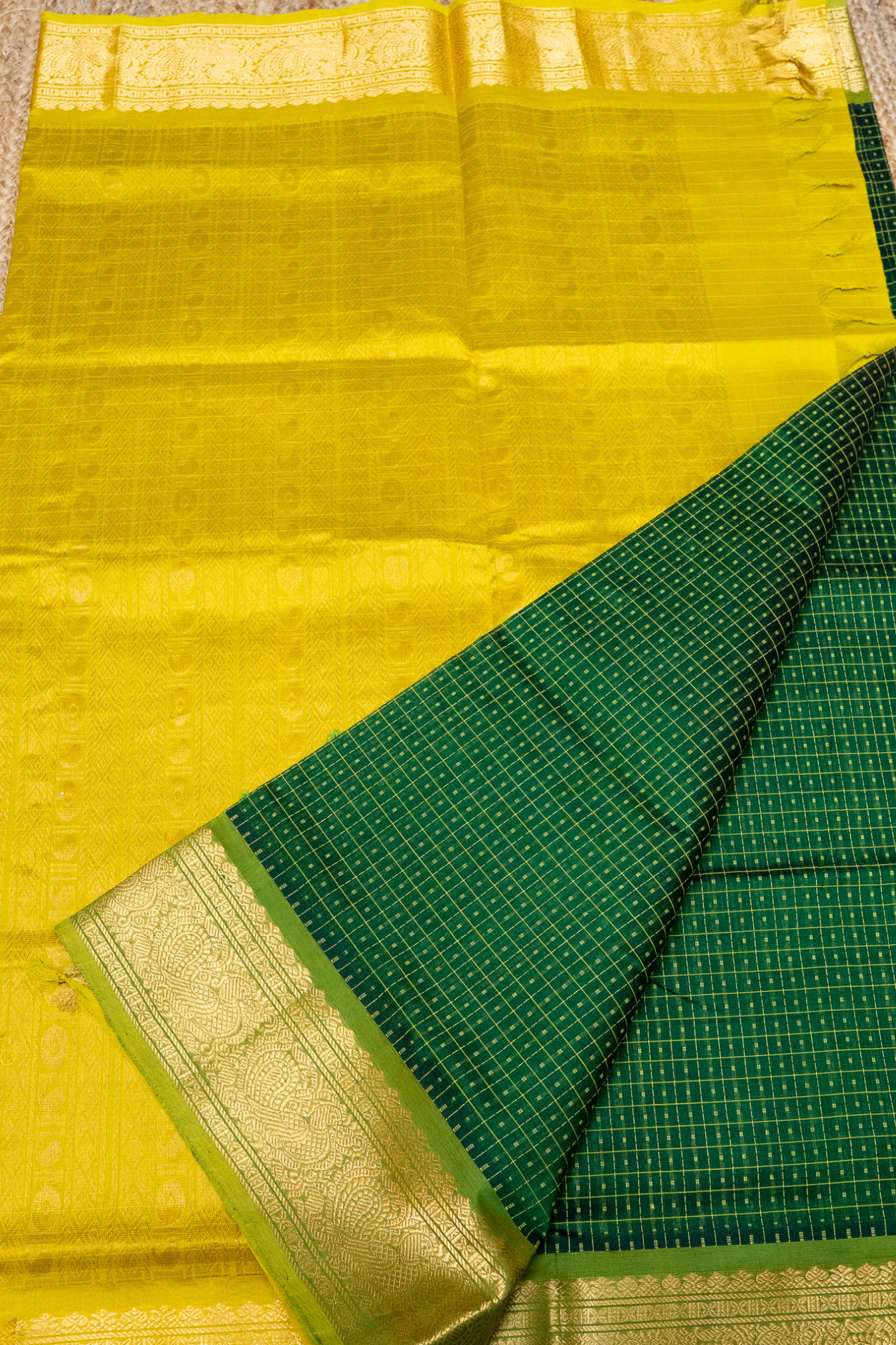 Pine Green and Yellow Border Korvai Saree -142