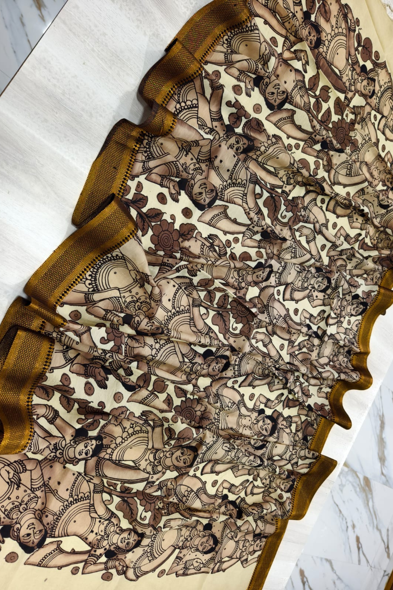 Sand Brown Design with Dark Brown Border Bangalore Silk Story Pen Kalamkari Dupatta -045