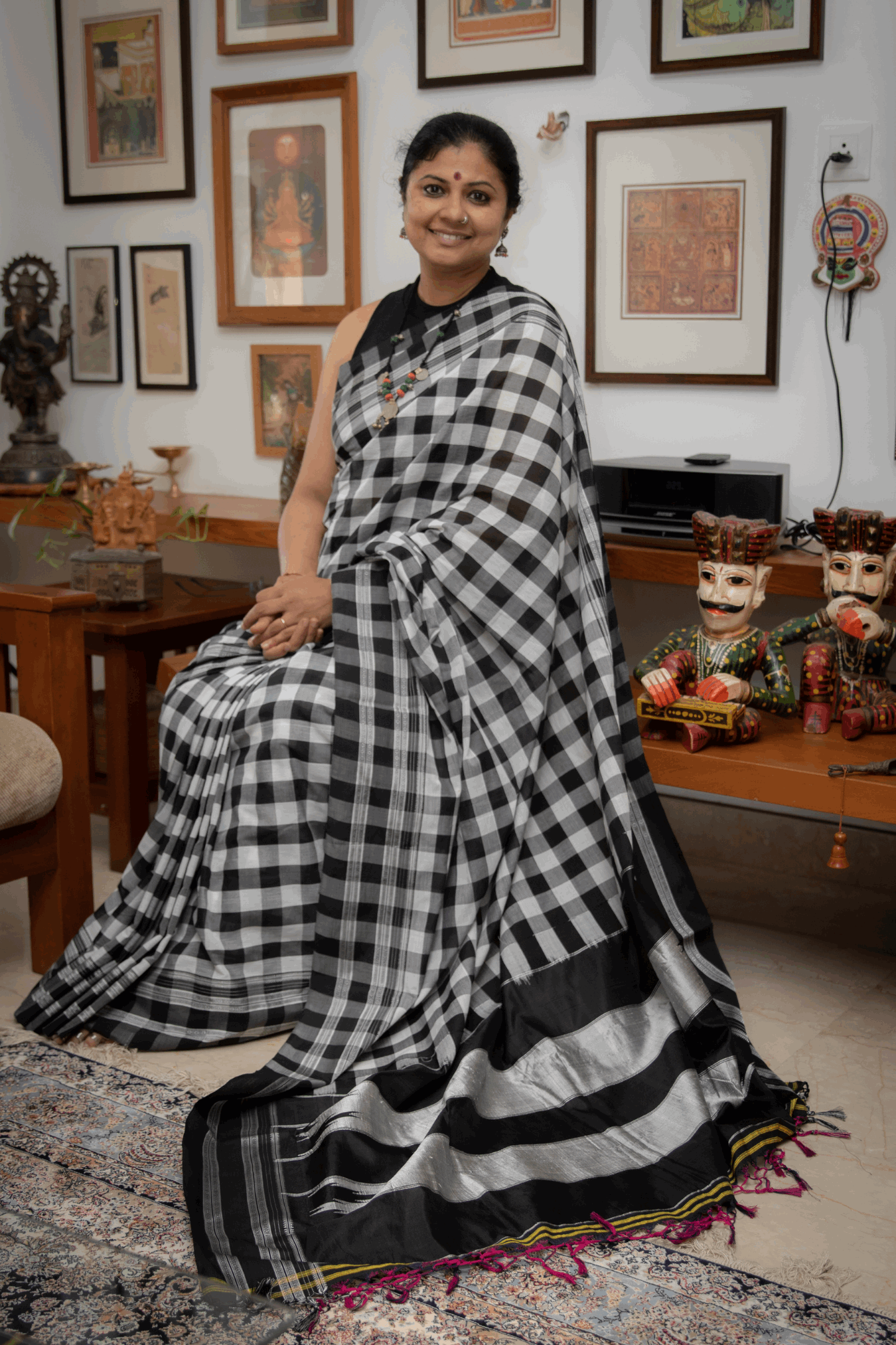 Black and Whíte Checks Ilkal Saree-006