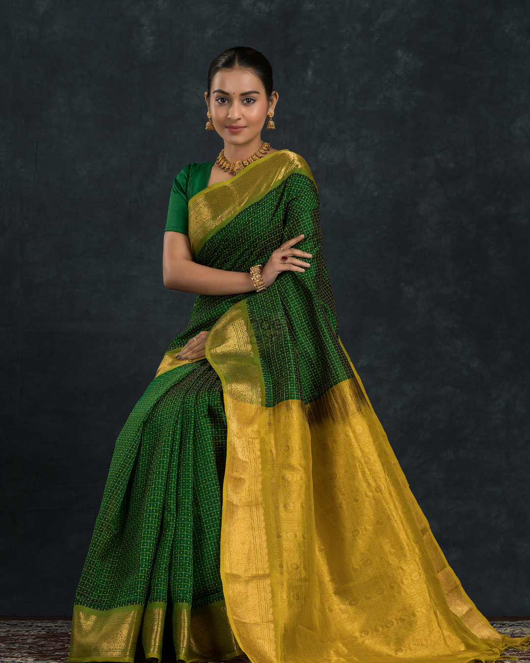 Pure Handloom Korvai Silk Cotton Kattam Saree in Leaf Green with Gold Border - 142