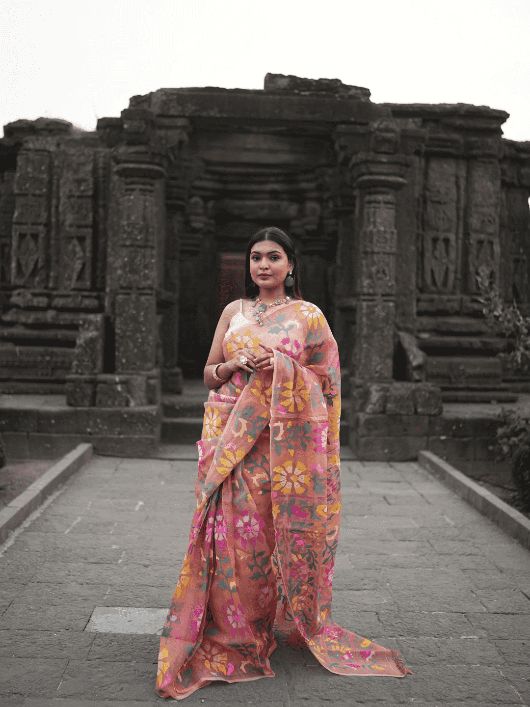 Coral Orange Jamdani Saree - 060 - indeloom