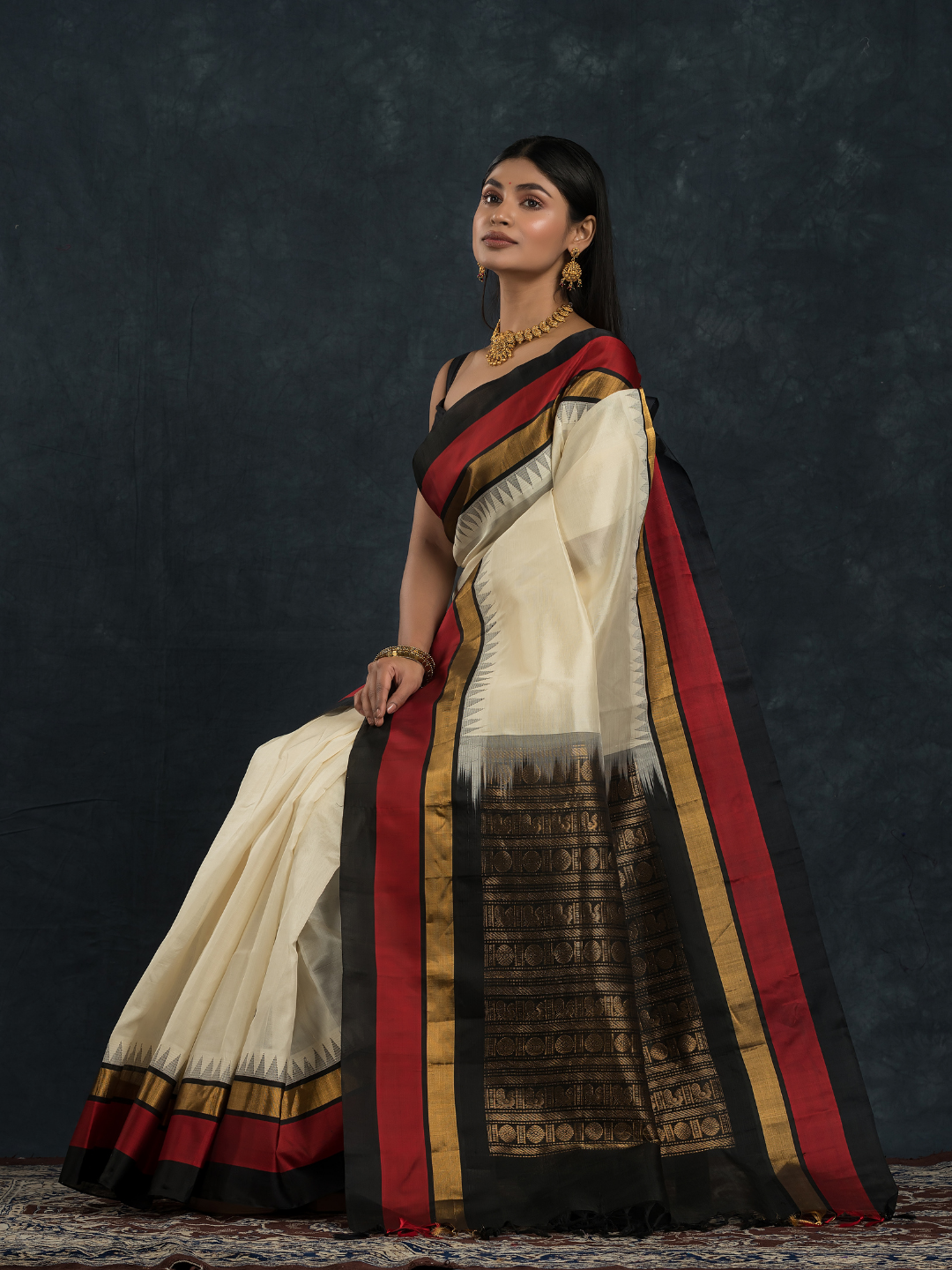 Korvai Saree with Temple border Pearl White and Red Black Border - 124