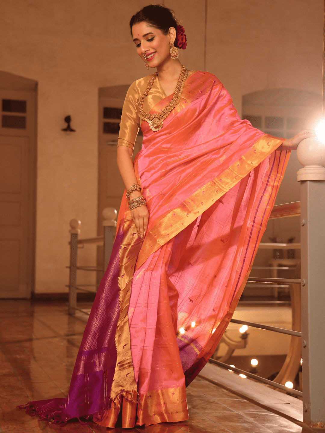 Pure Handloom Korvai Silk Cotton Paithani inspired Saree in Light Pink Birds Design and Golden Border with Parrot Buttas  - 141