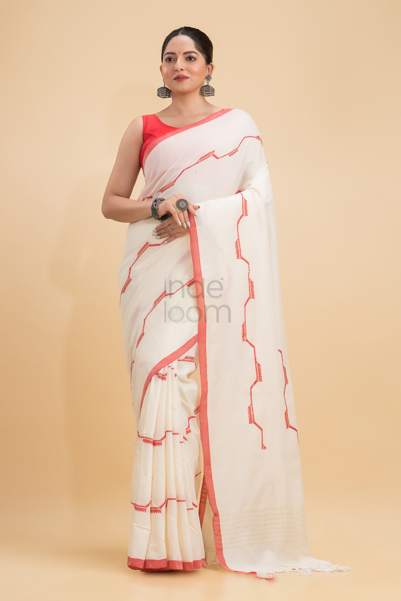 Durga Puja Saree Handloom Cotton in Red White- 001