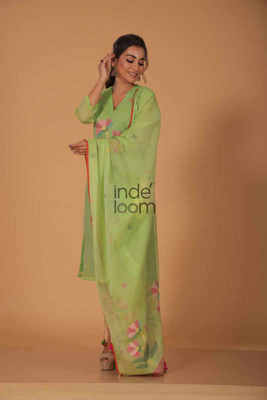 Muslin Jamdani 2-Piece Set Kurti & Dupatta (UNSTITCHED) - Light Green - 076