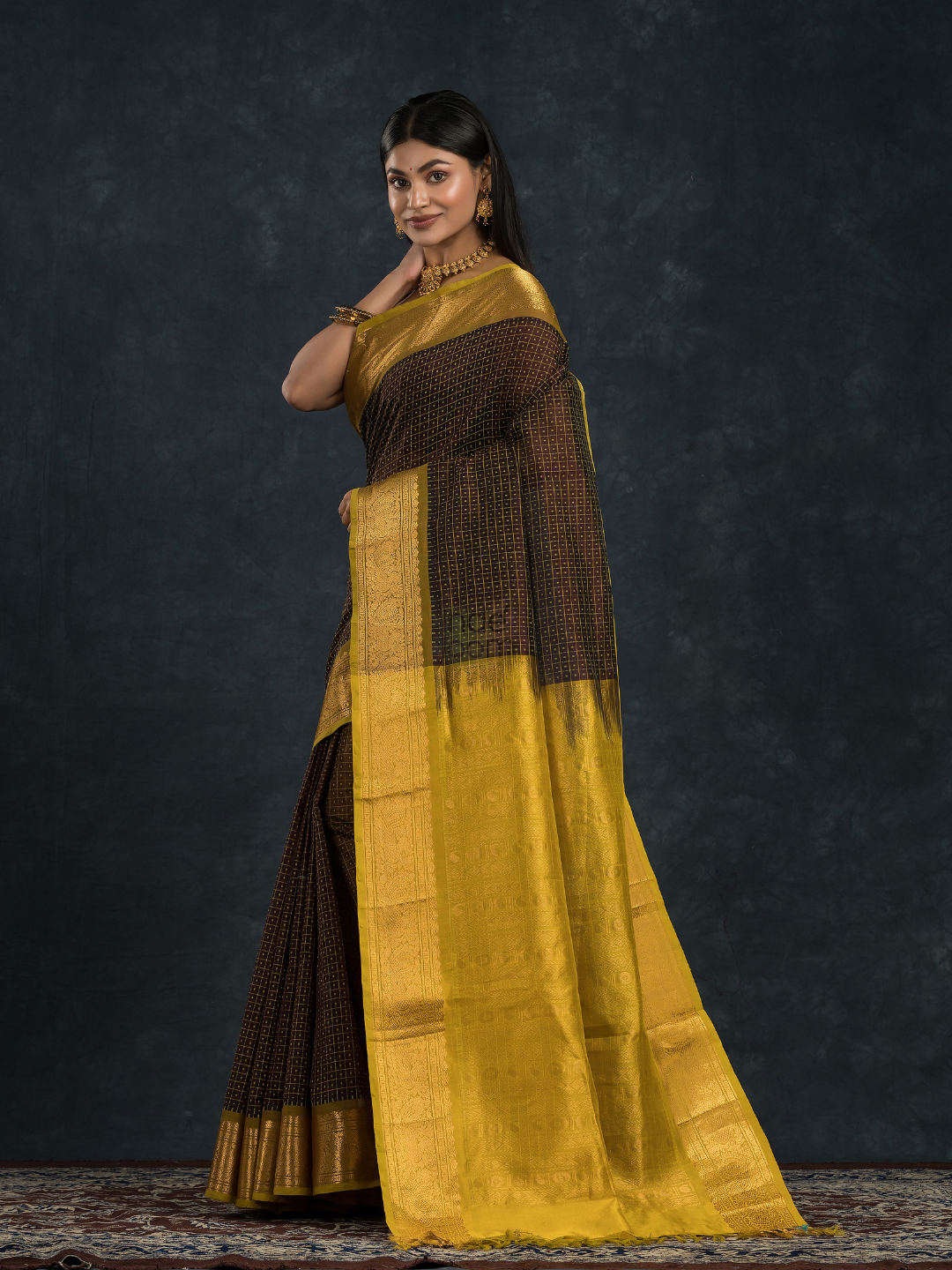 Korvai Saree Lakshadeepam black with olive green border and yellow Border - 134