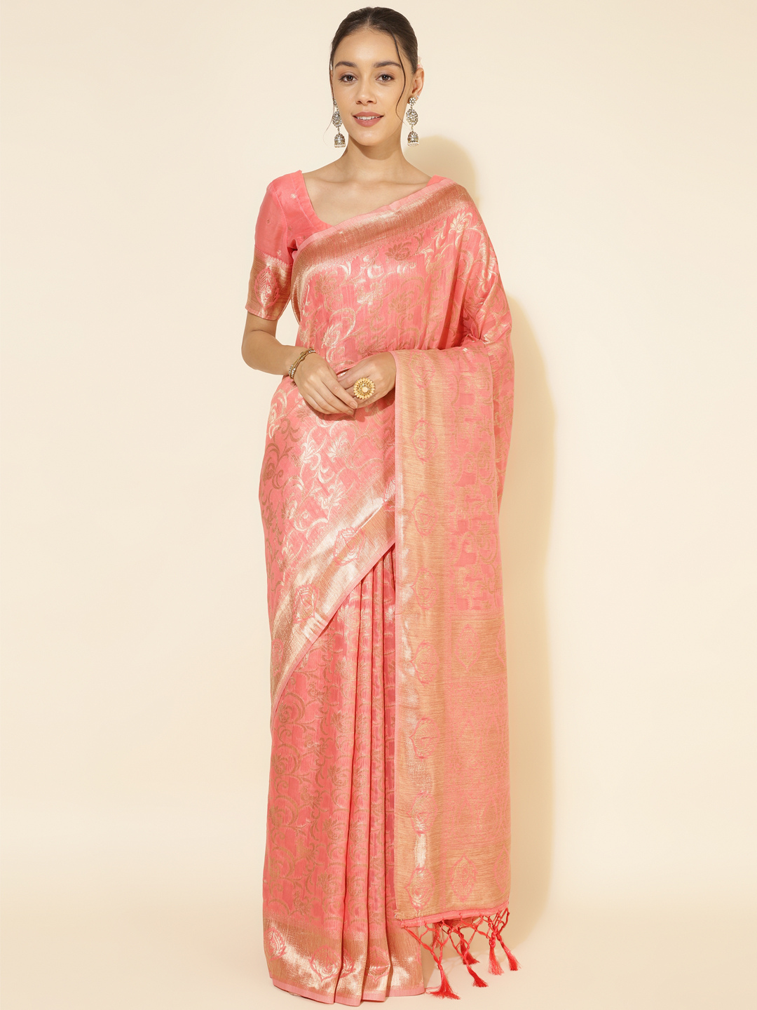 Chanderi Silk Floral Saree in Coral Pink (Precision Looms) -008