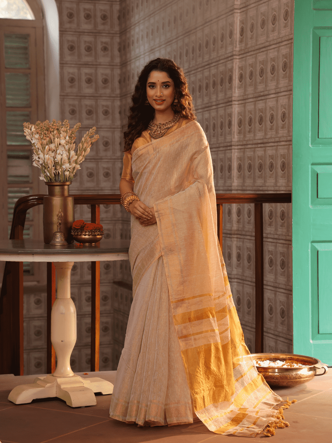 Golden Tissue Silk Saree in Linen White -022