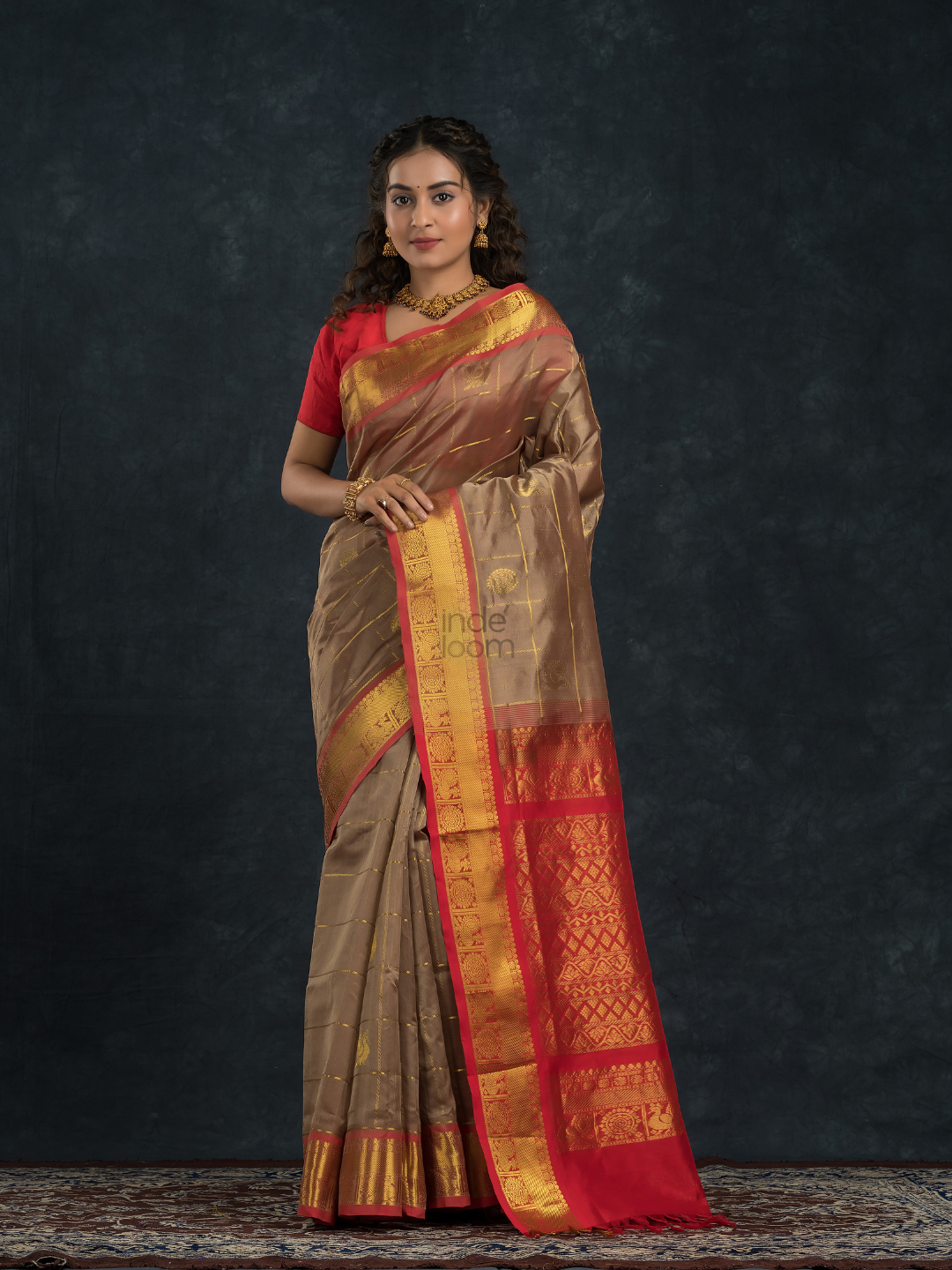 Korvai Saree Mayil-Chakram with Zari Checks Grey and Red Border - 151