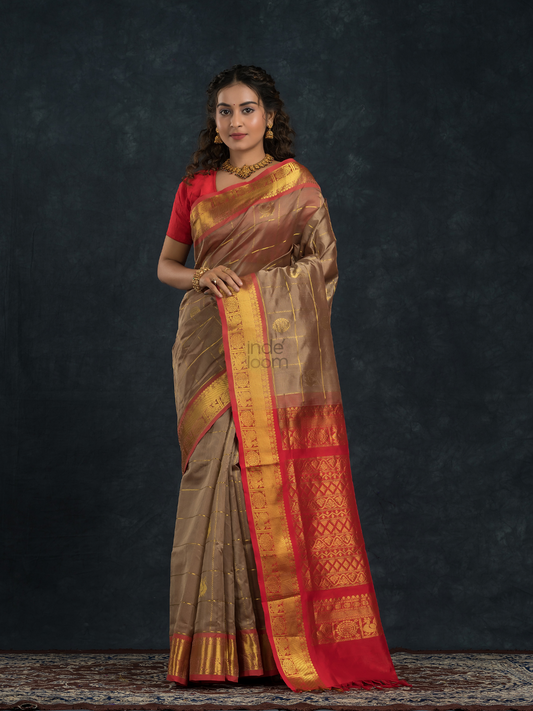 Korvai Saree Mayil-Chakram with Zari Checks Grey and Red Border - 151