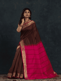 Pure Handloom Korvai Silk Cotton Saree in Red and Brown with Golden Pecock - 145