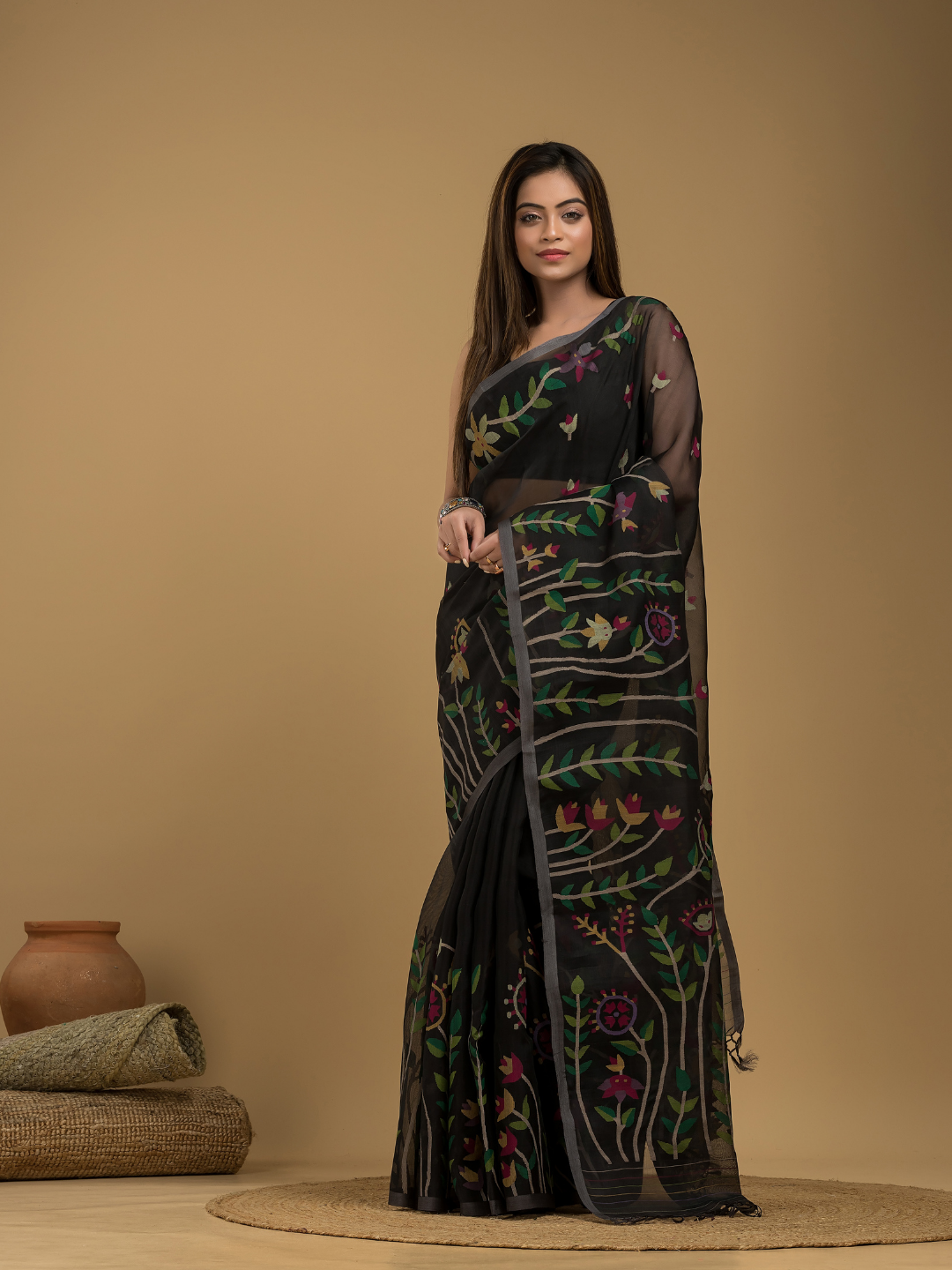 Muslin Jamdani Saree With Jet Black - 012