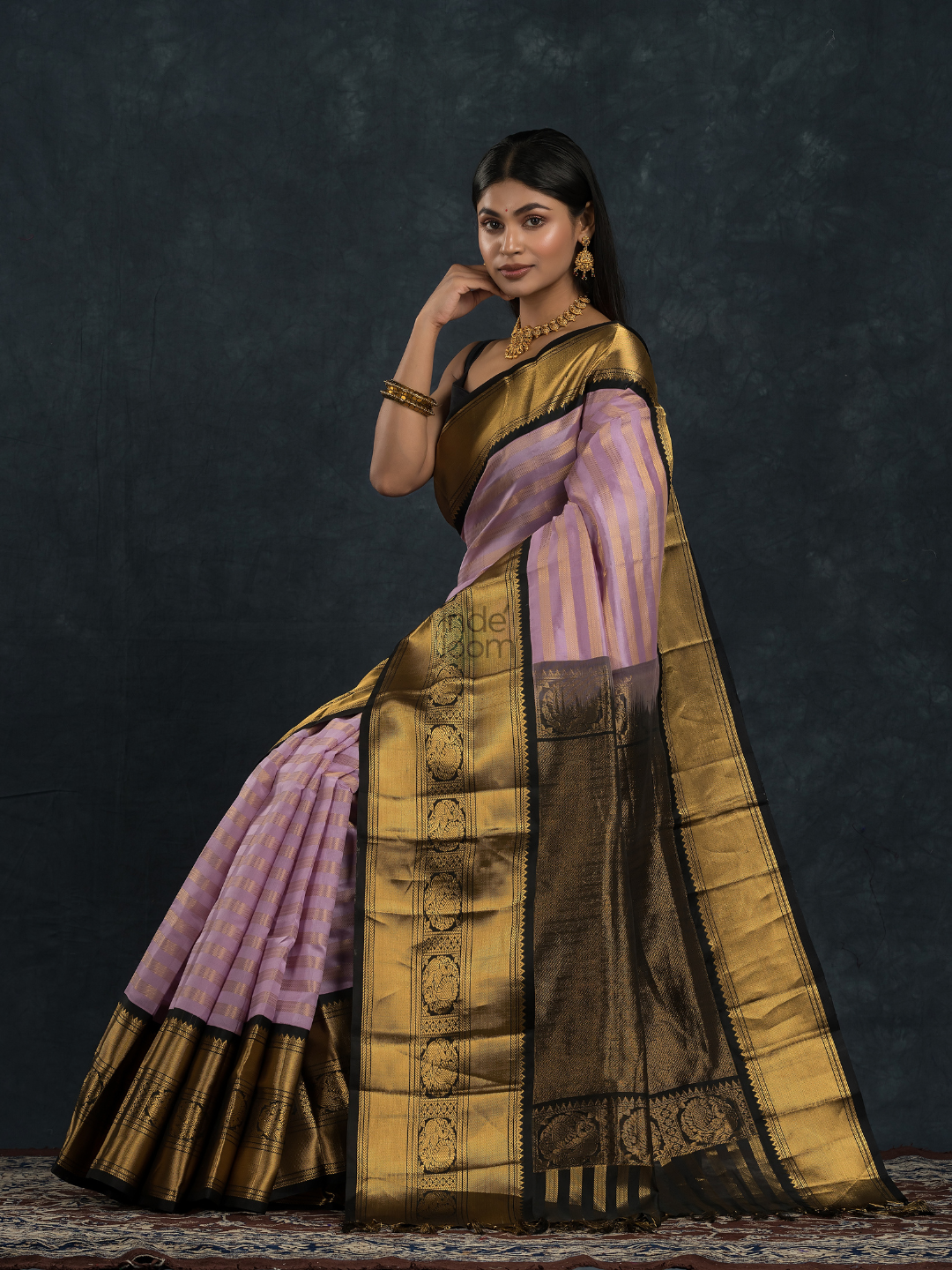 Korvai Saree in Light Blue With Black Golden Pallu - 035