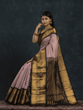 Pure handloom Korvai Silk Cotton Saree in muted Lavender blush and Black with Golden stripes - 035