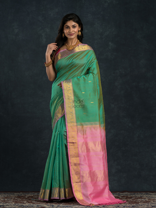 Korvai Saree with small buttas Mint Green and Light Pink Border - 129