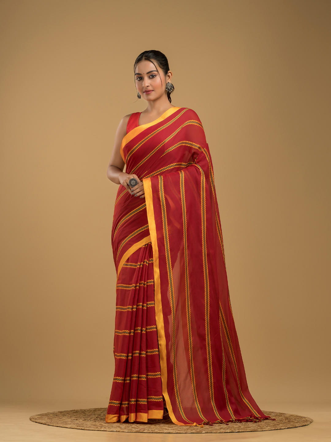 Cherry Red Santipuri cotton s Saree - 012