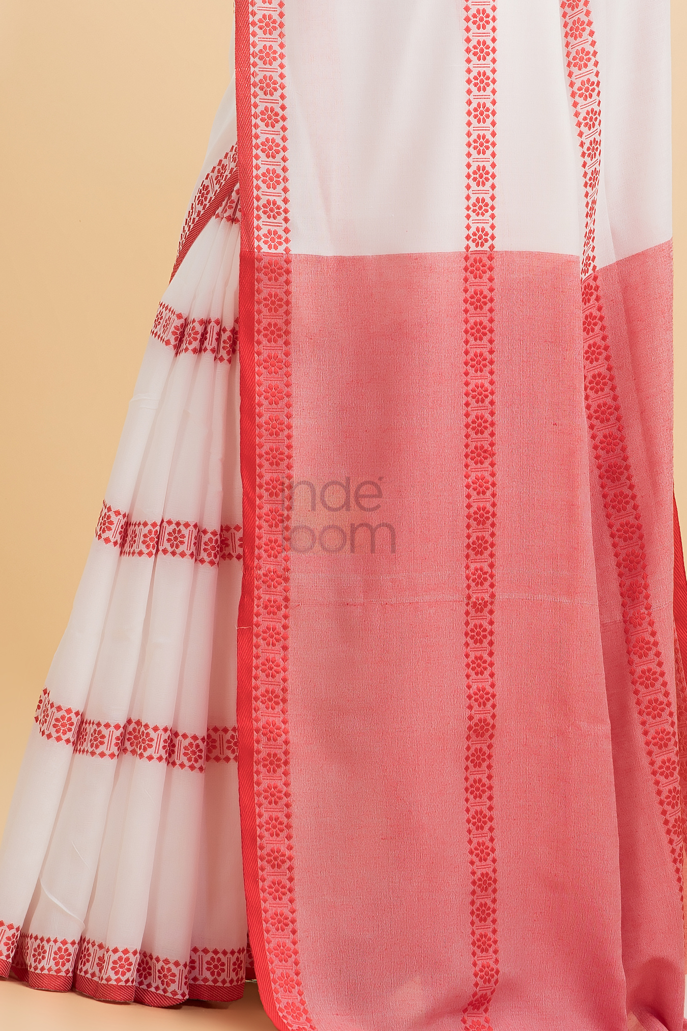 Dewali Saree Handloom Cotton  White with Red Pallu-009