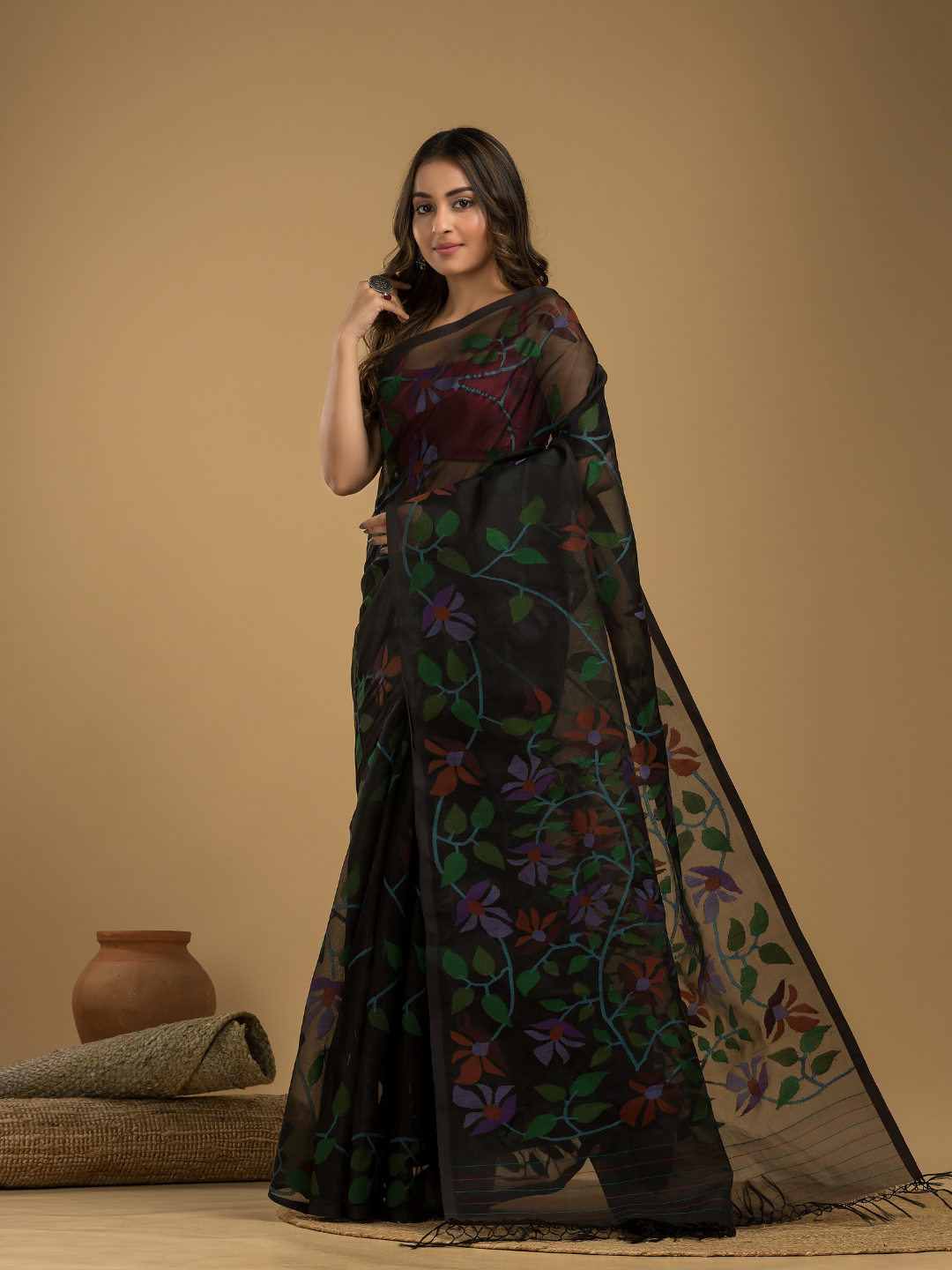 Muslin Jamdani Saree With Jet Black - 012