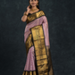 Pure handloom Korvai Silk Cotton Saree in muted Lavender blush and Black with Golden stripes - 035