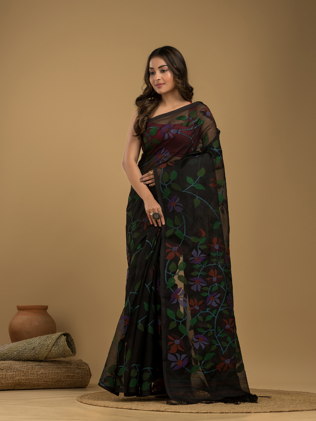 Muslin Jamdani Saree With Jet Black - 012