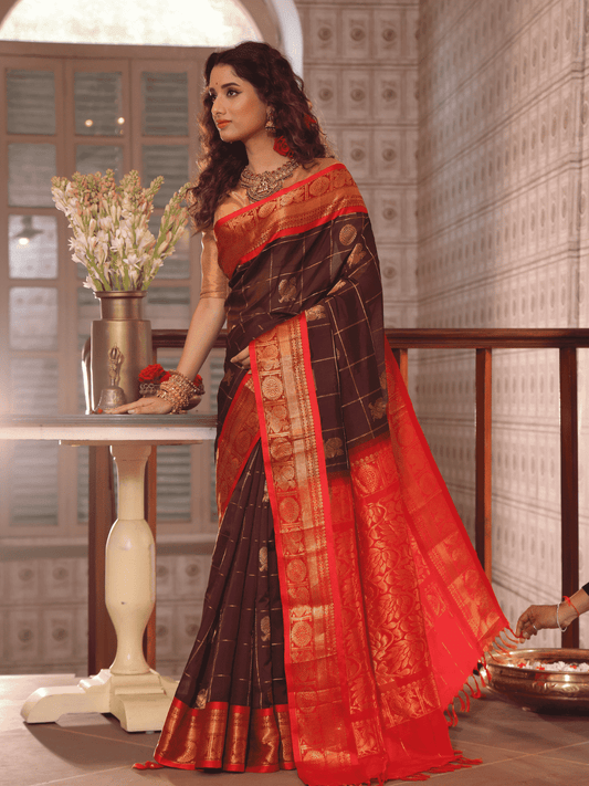 Pure Handloom Korvai Silk Cotton Saree in With Dark Brown and Golden Red Border - 123