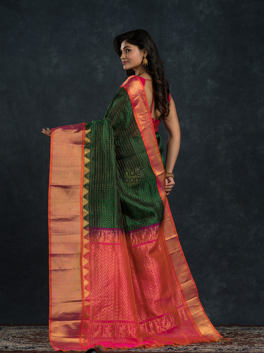 Pure handloom Korvai Saree Lakshadeepam Dark Green With Golden Red Border - 016