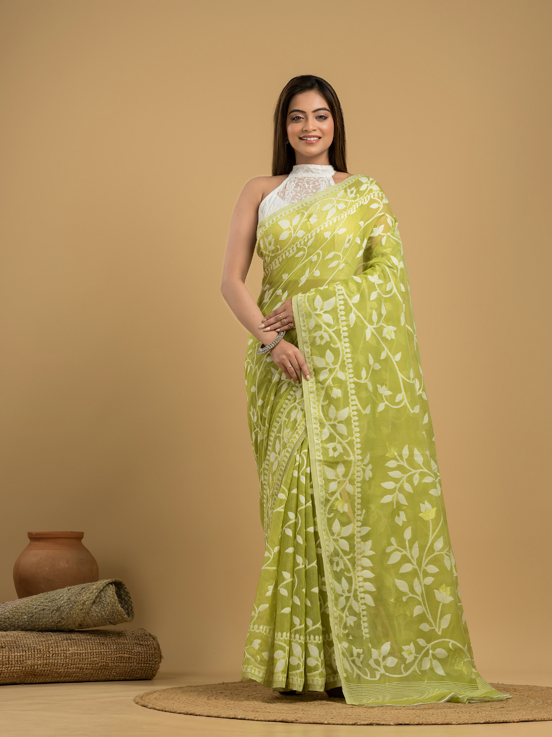 Light Green Cotton Silk Jamdani Saree - 032