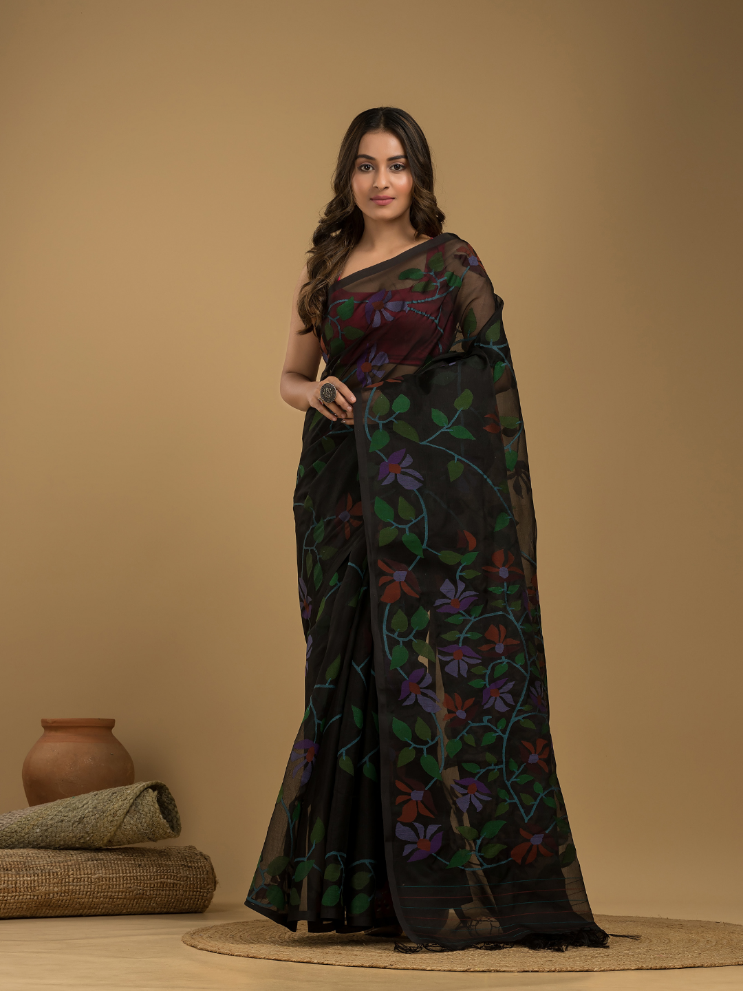 Muslin Jamdani Saree With Jet Black - 012