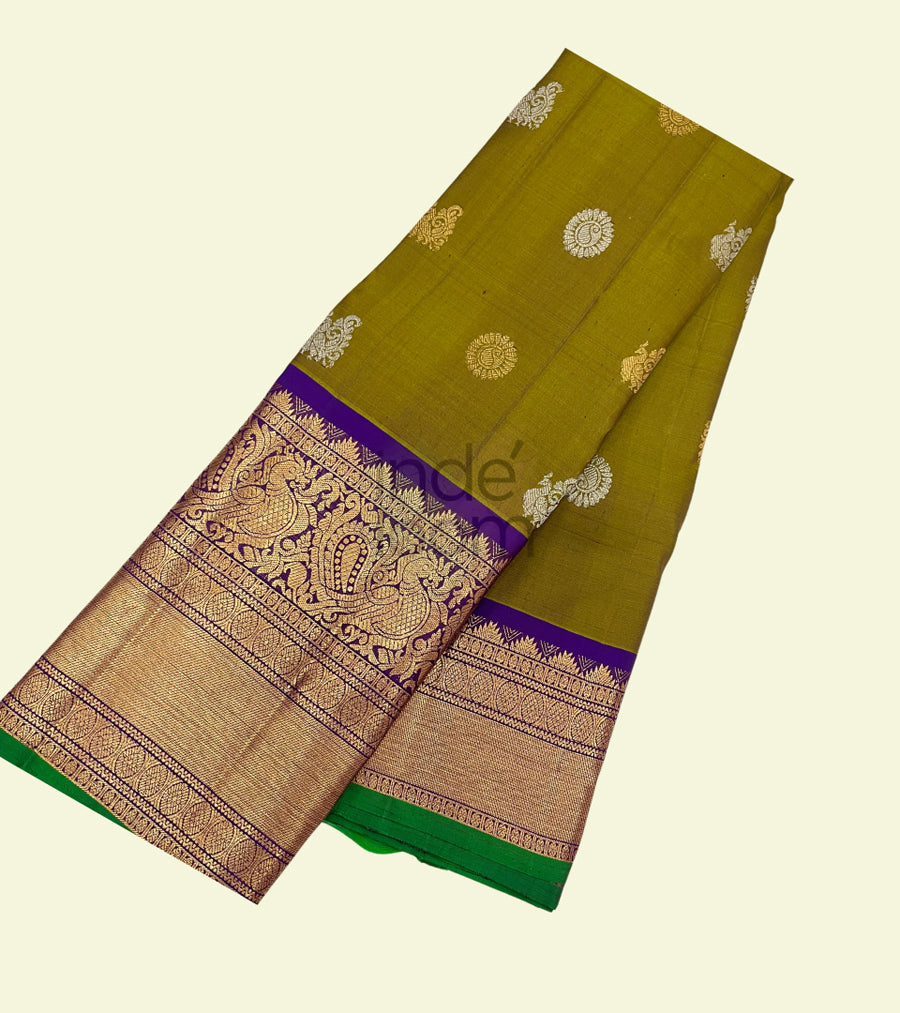 Olive Green Silk Designe  with Navy Blue Silk Border Kanjivaram Saree.-025