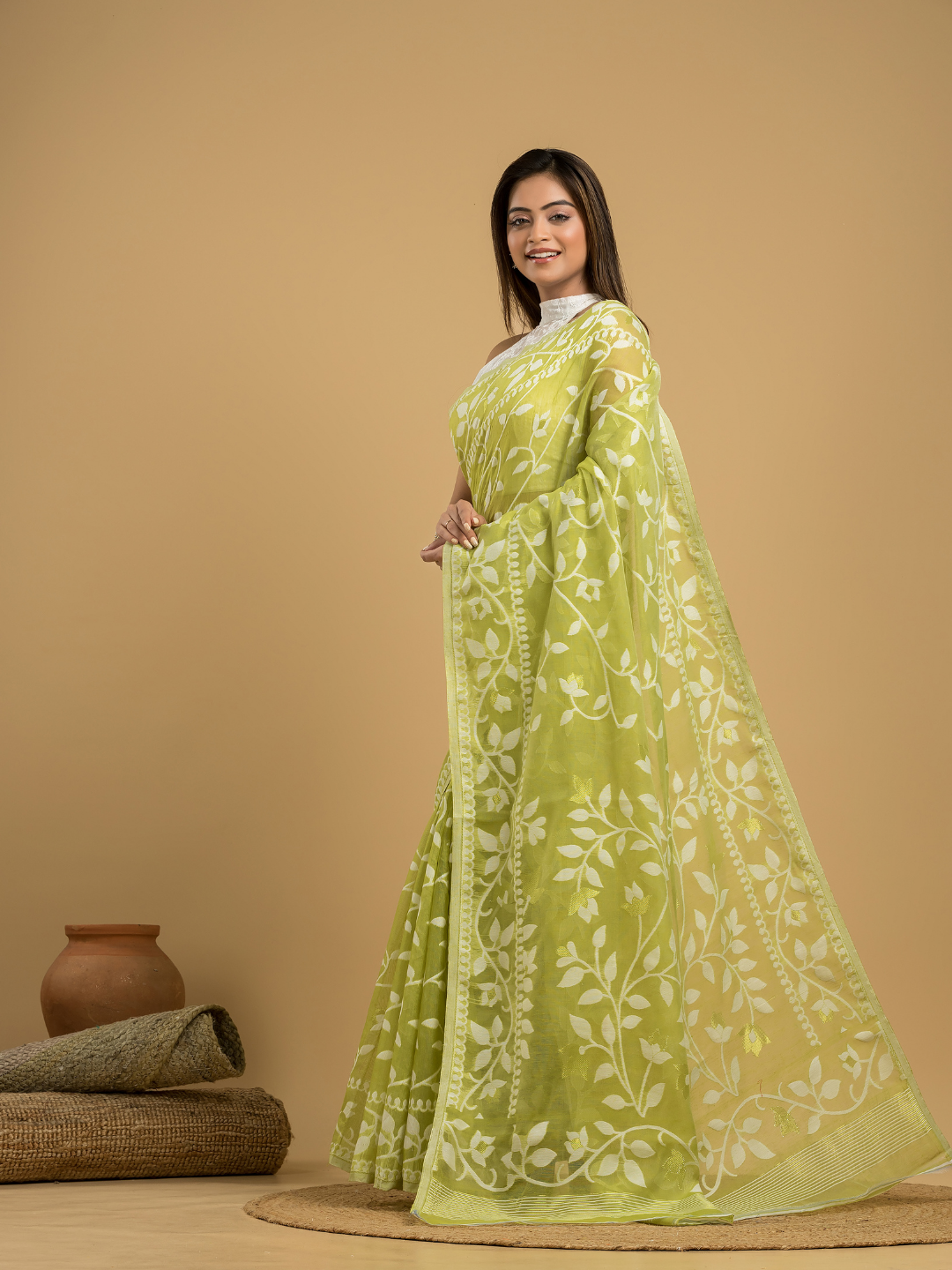 Light Green Cotton Silk Jamdani Saree - 032