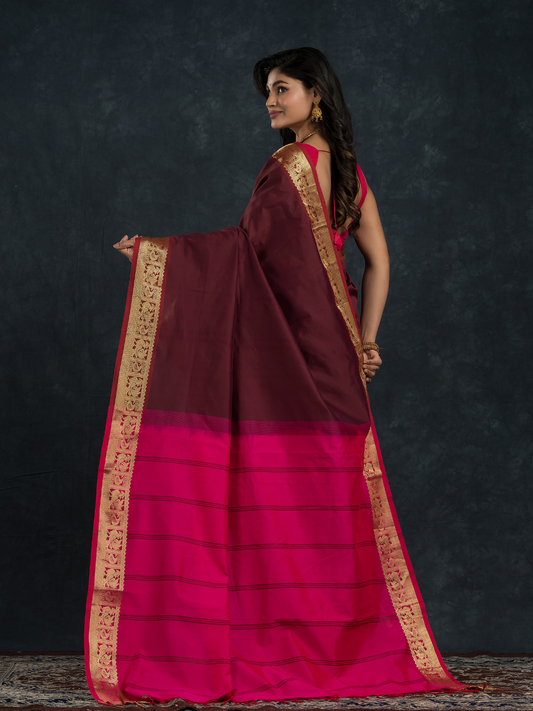 Red Brown Golden Pecock Korvai Saree - 145