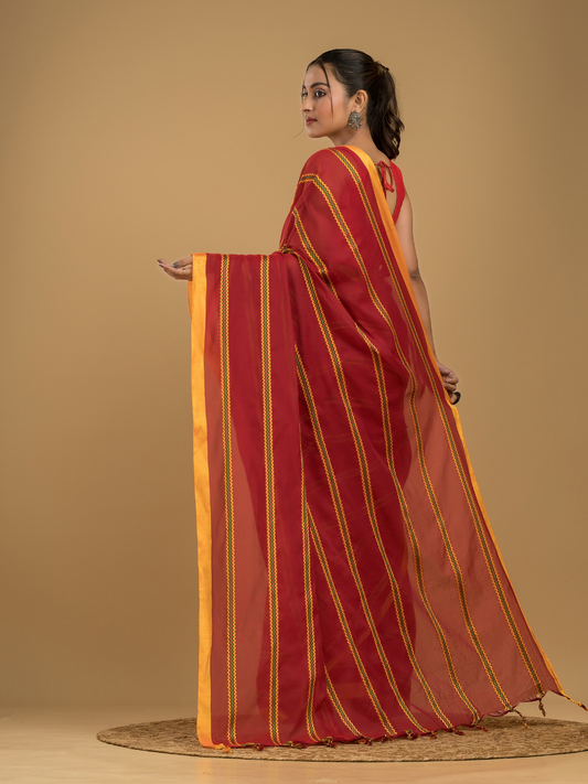 Cherry Red Santipuri cotton s Saree - 012