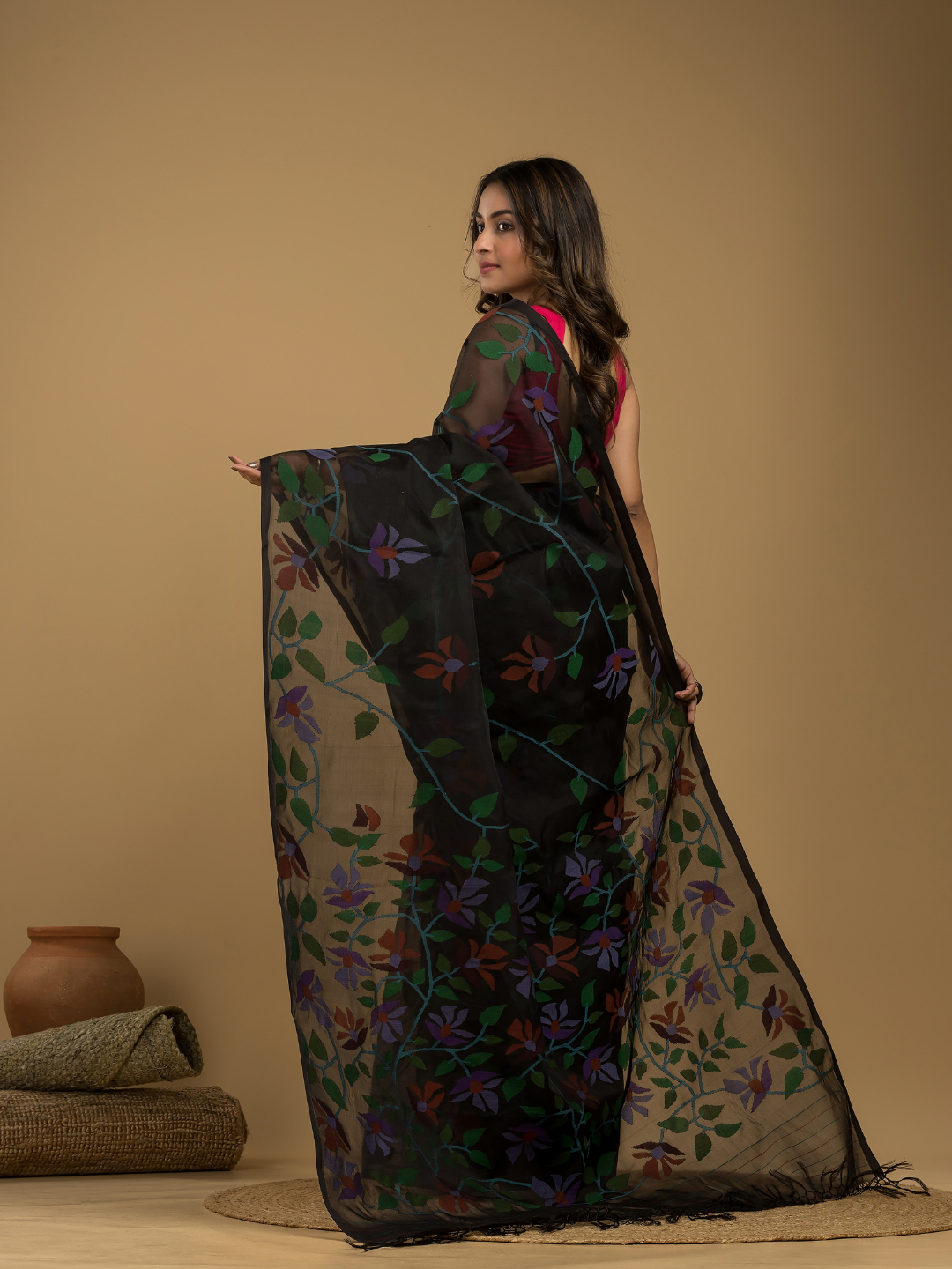 Muslin Jamdani Saree With Jet Black - 012