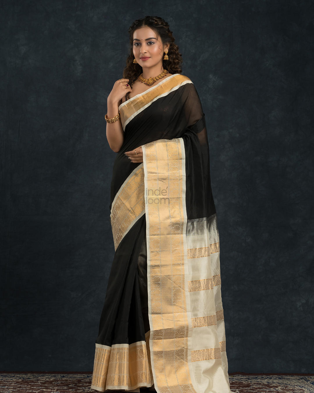 Pure handloom Korvai Saree Rich Black With White Border - 106