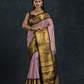 Pure handloom Korvai Silk Cotton Saree in muted Lavender blush and Black with Golden stripes - 035