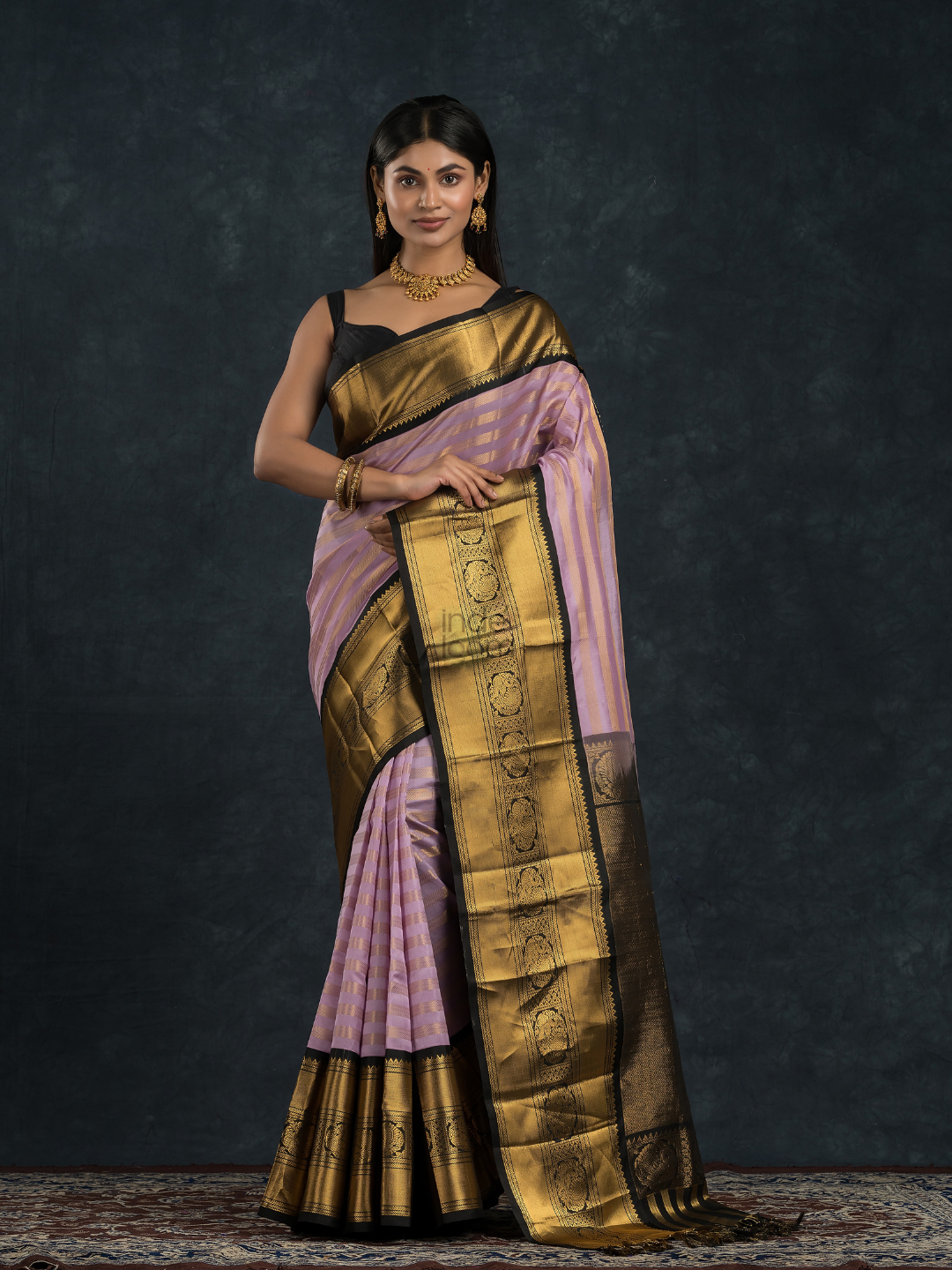 Pure handloom Korvai Silk Cotton Saree in muted Lavender blush and Black with Golden stripes - 035