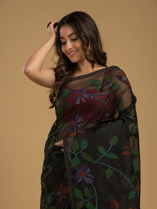 Muslin Jamdani Saree With Jet Black - 012