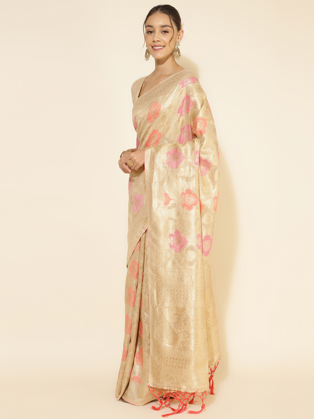 Chanderi Silk Ethnic Motifs Saree in Cream (Precision Looms) -001