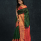 Pure handloom Korvai Saree Lakshadeepam Dark Green With Golden Red Border - 016